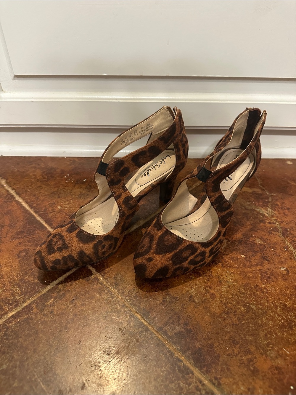 Life Stride Leopard Print T-Strap Heels in Brown